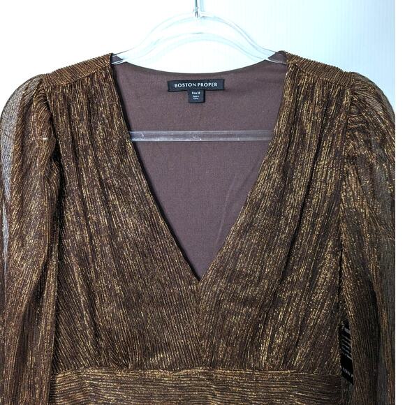 Boston Proper Bronze Metallic Pleated Above the Knee Dress NWT Size 12 - Picture 4 of 9